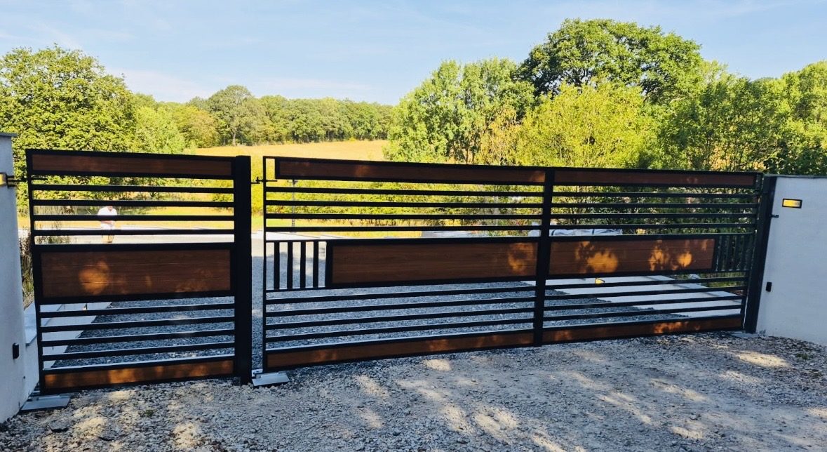 Horizontal slat sliding gate with timber effect infill